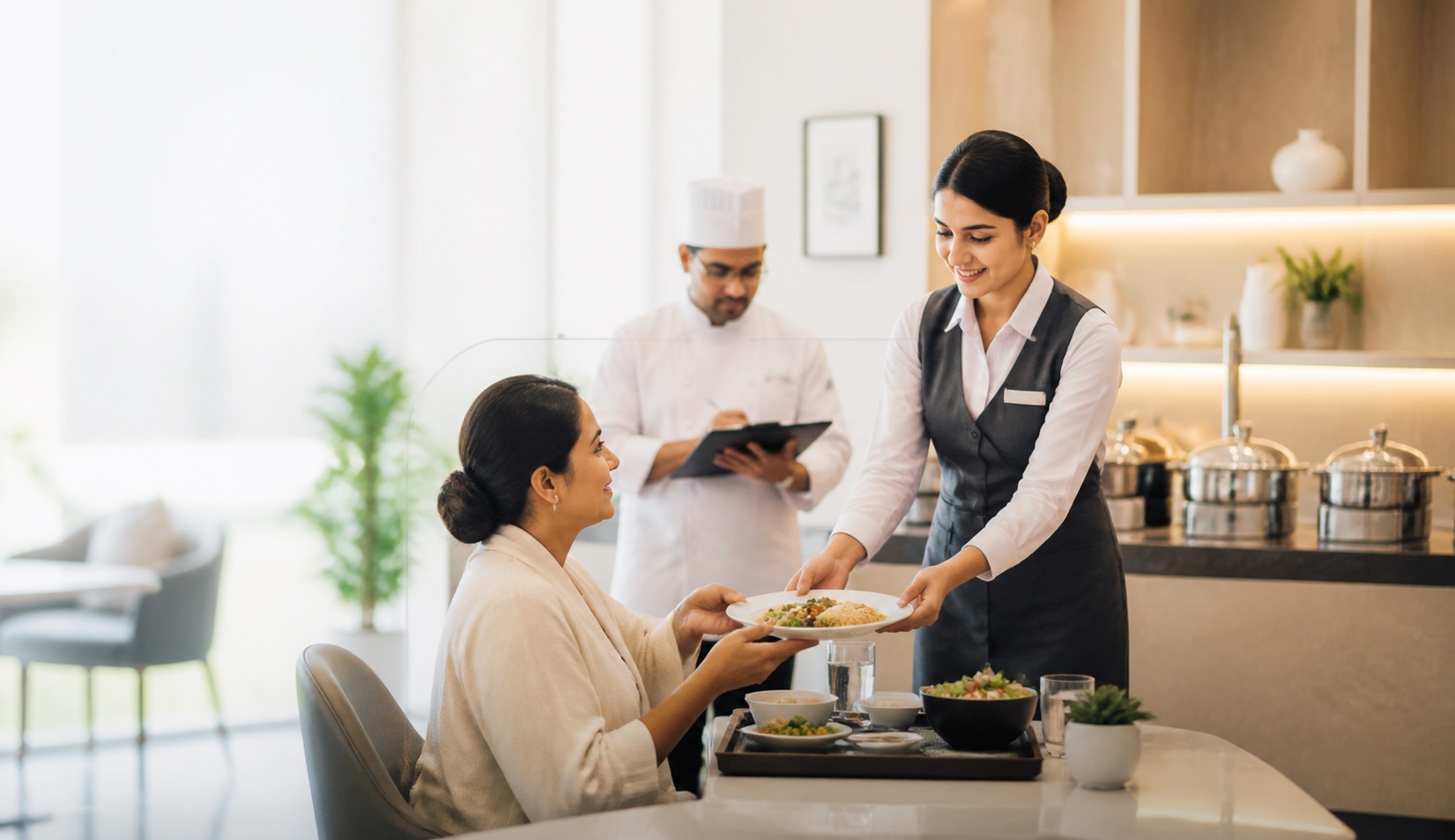A guest being served a meal at her table
