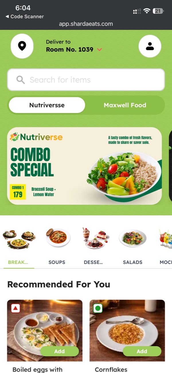 The ShardaEats app showing room delivery, the Nutriverse and Maxwell Food menus, and recommended dishes